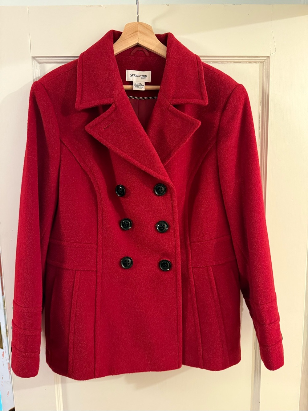 St. John's Bay Cherry Red Double-Breasted Pea Coat with Black Buttons